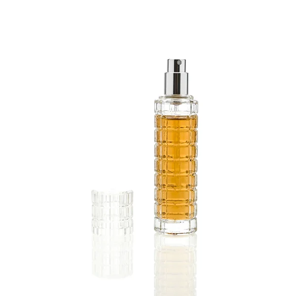 HUA0046 perfume bottle, tall slender cylindrical column glass bottle with clear finish and stacked grid-like textured ridges, featuring a gold collar neck accent and a matching tall transparent cylindrical plastic cap with a high-gloss shiny finish, modern geometric fragrance packaging design available in 30ml and 50ml