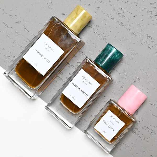 Luxury Square Glass Perfume Bottles with Marble-Patterned Caps