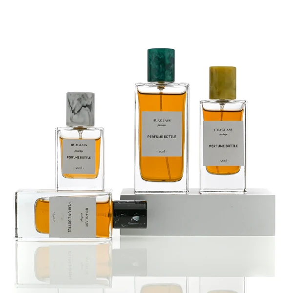 Luxury Square Glass Perfume Bottles with Marble-Patterned Caps