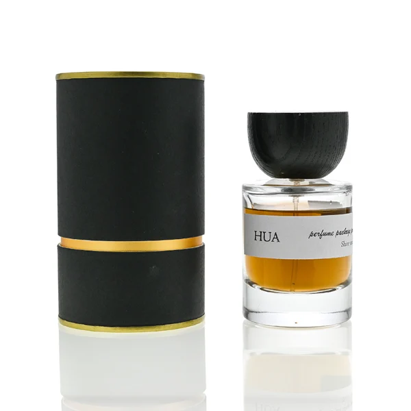 HUA0032 perfume bottle, heavy-base cylindrical round glass bottle with clear finish, featuring a horizontal paper label, a matching neck, and an inverted conical timber cap with a natural smooth grain finish, elegant modern fragrance packaging design available in 30ml, 50ml, and 100ml