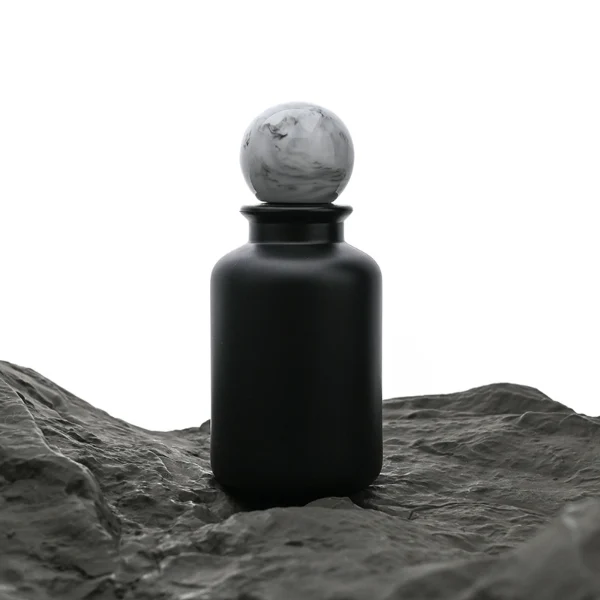HUA0044 perfume bottle, cylindrical round glass bottle in high-transparency amber or solid high-gloss opaque black finish, featuring a prominent spherical ball-shaped resin cap with an eye-catching marbled texture and organic fluid swirls, elegant modern fragrance packaging design available in 30ml, 50ml, and 100ml