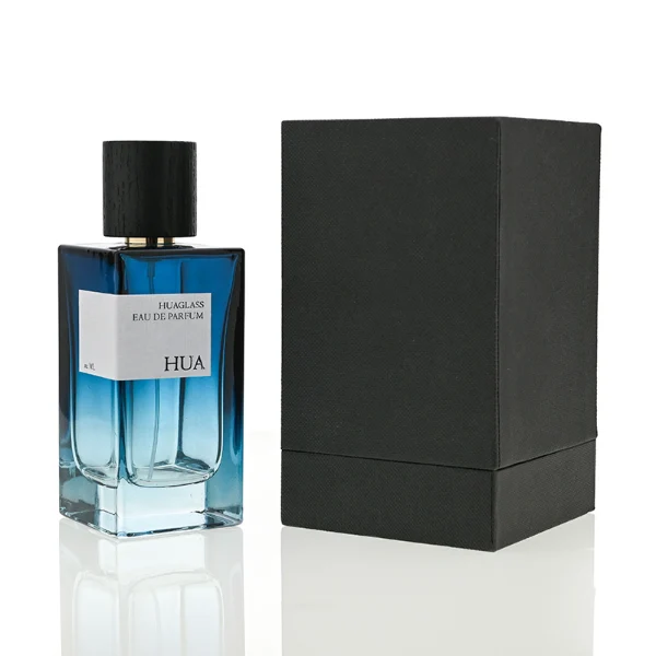 HUA0073 perfume bottle, rectangular colored glass with liquid, black wooden ring-shaped cap, modern luxurious design, available in 30 ml, 50 ml, and 100 ml