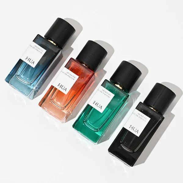 HUA0073 perfume bottle, rectangular colored glass with liquid, black wooden ring-shaped cap, modern luxurious design, available in 30 ml, 50 ml, and 100 ml