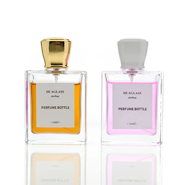 HUA0086 perfume bottle, square  glass with liquid, glossy tapered plastic cap, modern elegant design, available in 30 ml, 50 ml, and 100 ml