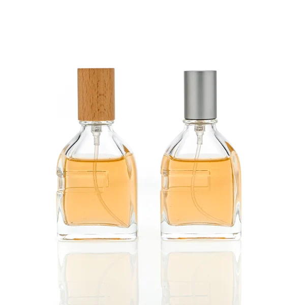 HUA0087 perfume bottle, irregular rectangular glass with liquid, aluminum and wooden cap, modern elegant design, available in 30 ml