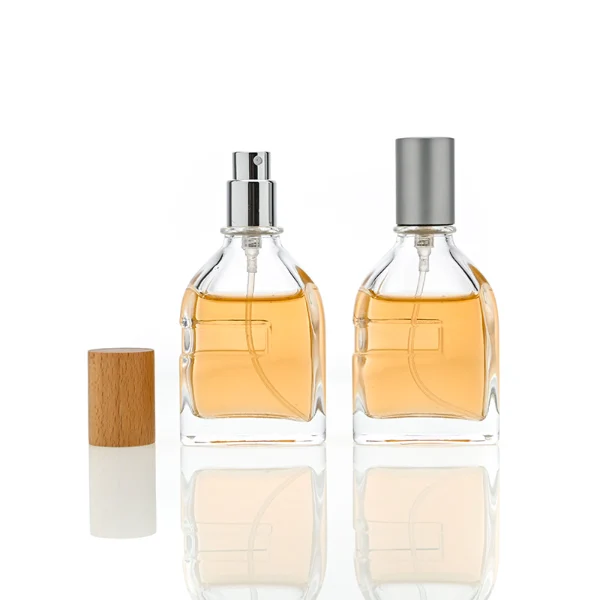 HUA0087 perfume bottle, irregular rectangular glass with liquid, aluminum and wooden cap, modern elegant design, available in 30 ml