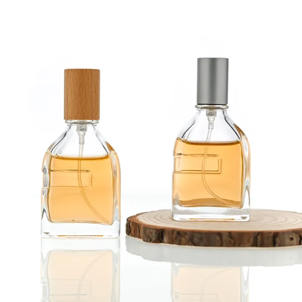 HUA0087 perfume bottle, irregular rectangular glass with liquid, aluminum and wooden cap, modern elegant design, available in 30 ml