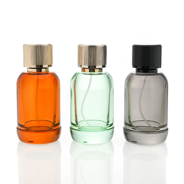 HUA0094 perfume bottle, cylindrical glass, aluminum ribbed cylindrical cap, modern elegant design, available in 50 ml and 100 ml