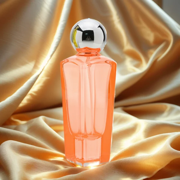 HUA0095 perfume bottle, tall rectangular colored glass body with embossed side details, glossy spherical plastic cap, modern artistic design, available in 50 ml.
