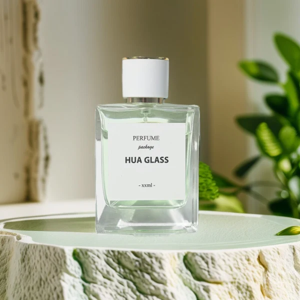 HUA0111 perfume bottle, square glass body with liquid and outer label, cylindrical plastic cap with gold metallic neck, modern minimalist design, available in 30 ml, 50 ml, and 100 ml.