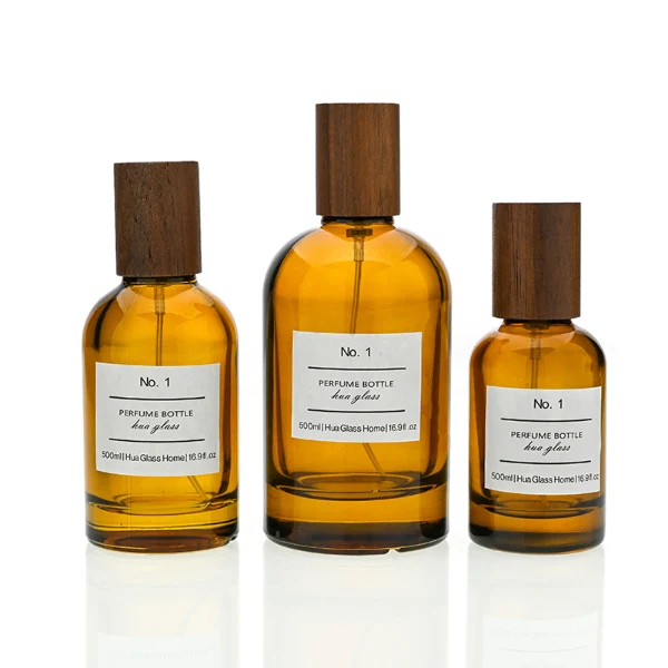 HUA0120 perfume bottle, amber cylindrical glass with outer label, tall wooden cylindrical cap, minimalist contemporary design, available in 30 ml, 50 ml, and 100 ml