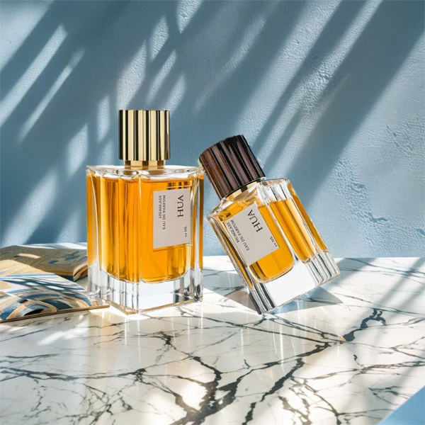 HUA0122 Perfume Bottle – Faceted Rectangular Clear Glass with Striped Cylindrical Plastic Cap, 50 ml 100 ml (1)