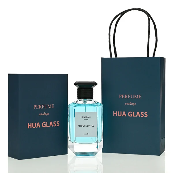 HUA0126 perfume bottle, faceted rectangular clear glass body with liquid, square resin cap, printed logo, contemporary elegant design, available in red, green, yellow, ideal for gifting and daily use.