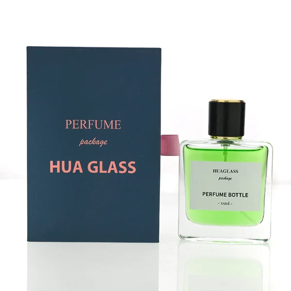 HUA0128 perfume bottle, square clear glass body with 50 ml or 100 ml liquid, cylindrical plastic cap, outer label with printed logo, modern minimalist design, ideal for gifting and daily use.