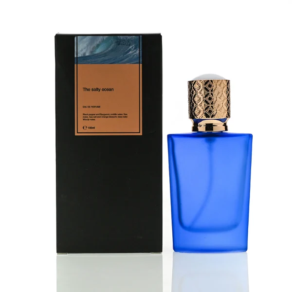 HUA0146 perfume bottle, rectangular frosted opaque glass body with 30 ml or 50 ml liquid, cylindrical plastic cap with gold carved patterns, outer label with printed logo, modern elegant design, ideal for gifting and daily use.
