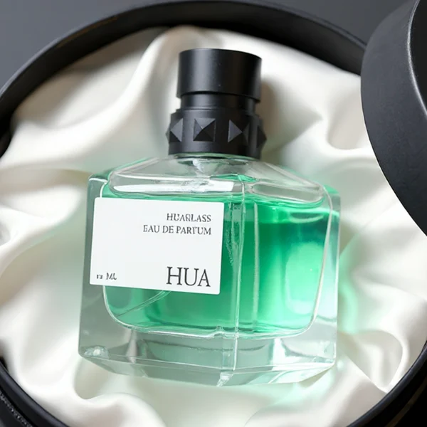 HUA0147 perfume bottle, rectangular clear glass body with 50 ml, 70 ml, or 100 ml liquid, layered ring-shaped plastic cap with diamond-textured base, outer label with printed logo, modern luxurious design, ideal for gifting and daily use.