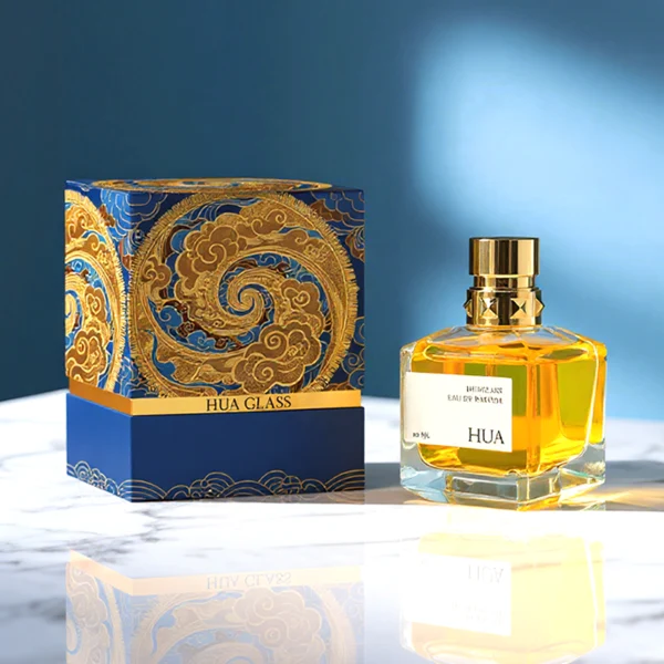 HUA0147 perfume bottle, rectangular clear glass body with 50 ml, 70 ml, or 100 ml liquid, layered ring-shaped plastic cap with diamond-textured base, outer label with printed logo, modern luxurious design, ideal for gifting and daily use.