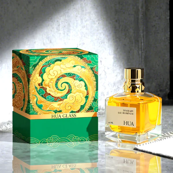 HUA0147 perfume bottle, rectangular clear glass body with 50 ml, 70 ml, or 100 ml liquid, layered ring-shaped plastic cap with diamond-textured base, outer label with printed logo, modern luxurious design, ideal for gifting and daily use.