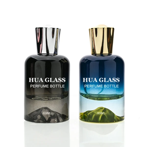 HUA0148 perfume bottle, cylindrical customizable gradient glass body with mountain-shaped base, 30 ml, 50 ml, or 100 ml liquid, irregular cylindrical cap with raised top in gold or silver, outer label with printed logo, modern elegant design, ideal for gifting and daily use.