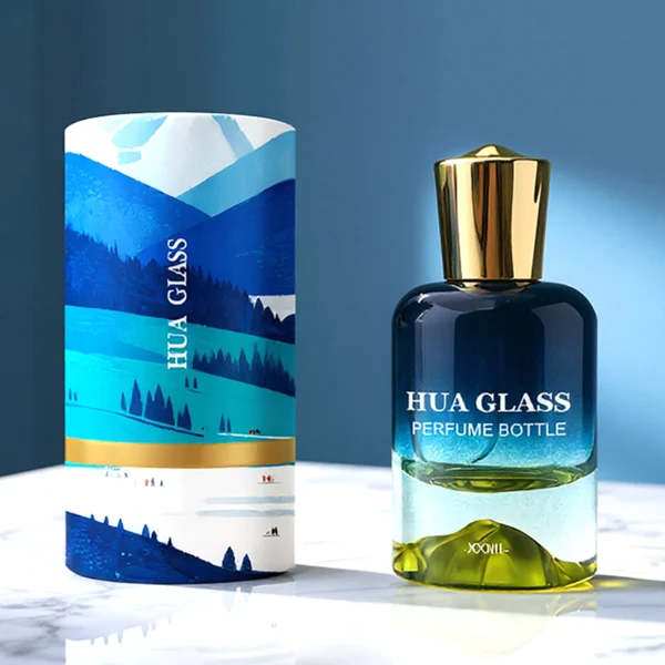 HUA0148 perfume bottle, cylindrical customizable gradient glass body with mountain-shaped base, 30 ml, 50 ml, or 100 ml liquid, irregular cylindrical cap with raised top in gold or silver, outer label with printed logo, modern elegant design, ideal for gifting and daily use.