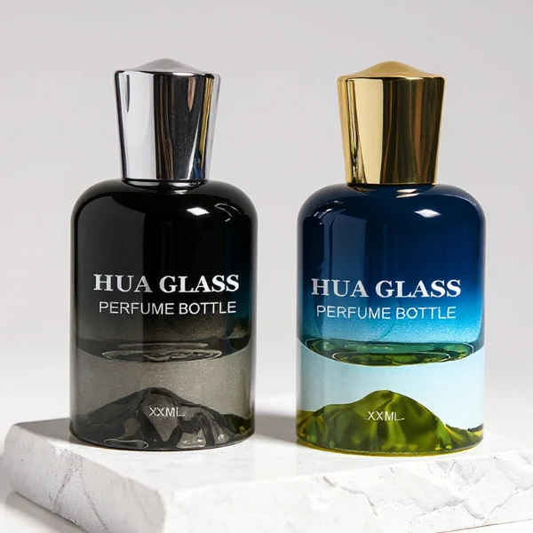 HUA0148 perfume bottle, cylindrical customizable gradient glass body with mountain-shaped base, 30 ml, 50 ml, or 100 ml liquid, irregular cylindrical cap with raised top in gold or silver, outer label with printed logo, modern elegant design, ideal for gifting and daily use.