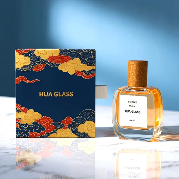 HUA0149 perfume bottle, rectangular clear glass body with 30 ml, 50 ml, or 100 ml liquid, cylindrical wooden cap, outer label with printed logo, modern elegant design, ideal for gifting and daily use.