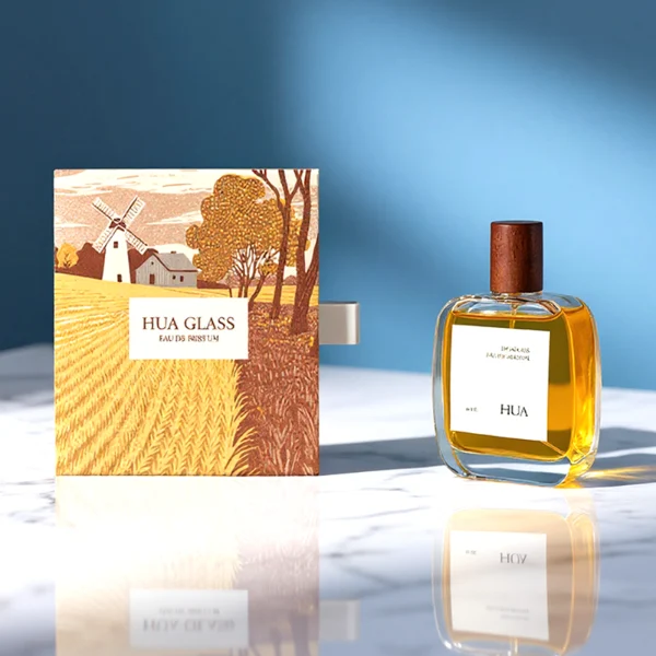 HUA0149 perfume bottle, rectangular clear glass body with 30 ml, 50 ml, or 100 ml liquid, cylindrical wooden cap, outer label with printed logo, modern elegant design, ideal for gifting and daily use.