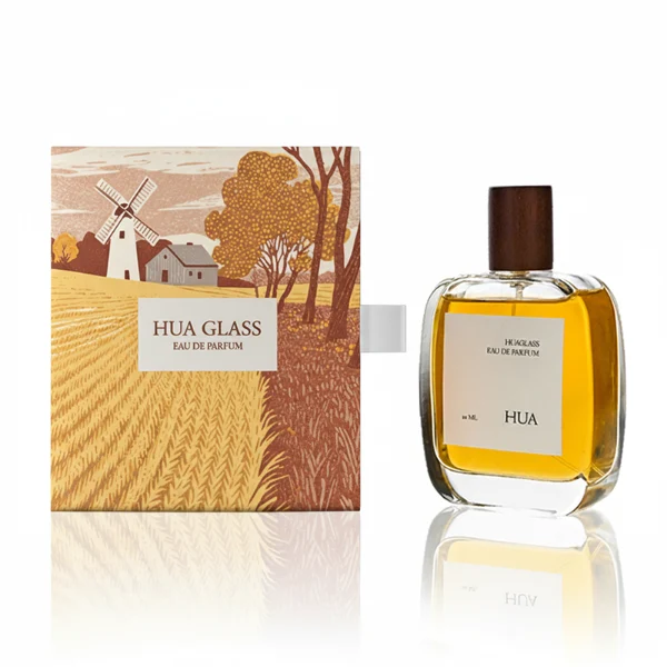 HUA0149 perfume bottle, rectangular clear glass body with 30 ml, 50 ml, or 100 ml liquid, cylindrical wooden cap, outer label with printed logo, modern elegant design, ideal for gifting and daily use.