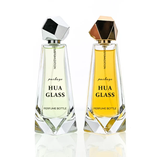 HUA0150 perfume bottle, trapezoidal faceted glass body with 100 ml liquid, irregular multi-faceted plastic cap with plastic neck, outer label with printed logo, modern luxurious design, ideal for gifting and daily use.