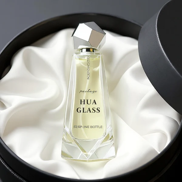 HUA0150 perfume bottle, trapezoidal faceted glass body with 100 ml liquid, irregular multi-faceted plastic cap with plastic neck, outer label with printed logo, modern luxurious design, ideal for gifting and daily use.