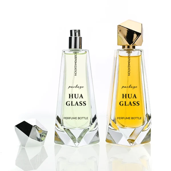 HUA0150 perfume bottle, trapezoidal faceted glass body with 100 ml liquid, irregular multi-faceted plastic cap with plastic neck, outer label with printed logo, modern luxurious design, ideal for gifting and daily use.
