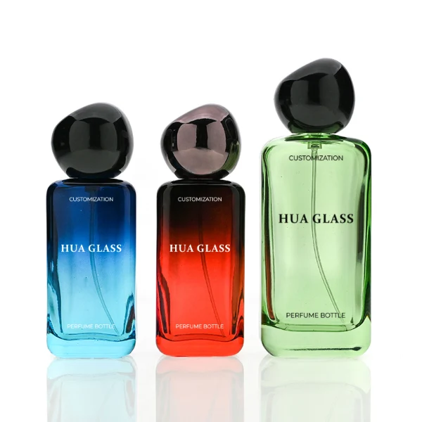 HUA0151 perfume bottle, rectangular customizable gradient glass body with 30 ml, 50 ml, or 100 ml liquid, asymmetrical rounded plastic cap, outer label with printed logo, modern elegant design, ideal for gifting and daily use.