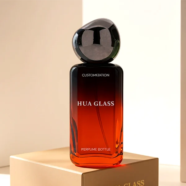 HUA0151 perfume bottle, rectangular customizable gradient glass body with 30 ml, 50 ml, or 100 ml liquid, asymmetrical rounded plastic cap, outer label with printed logo, modern elegant design, ideal for gifting and daily use.