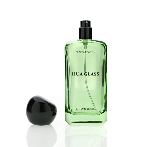 HUA0151 perfume bottle, rectangular customizable gradient glass body with 30 ml, 50 ml, or 100 ml liquid, asymmetrical rounded plastic cap, outer label with printed logo, modern elegant design, ideal for gifting and daily use.