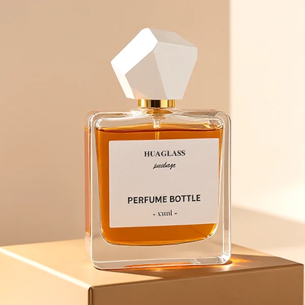 HUA0152 perfume bottle, rectangular clear glass body with 50 ml or 100 ml liquid, faceted geometric plastic cap, outer label with printed logo, modern luxurious design, ideal for gifting and daily use.