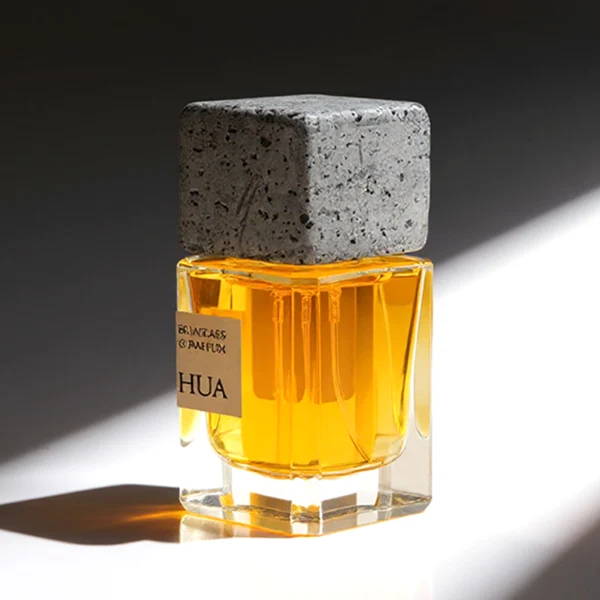 HUA0153 perfume bottle, rectangular clear glass body with 30 ml, 50 ml, or 100 ml liquid, square cement cap, outer label with printed logo, modern elegant design, ideal for gifting and daily use.