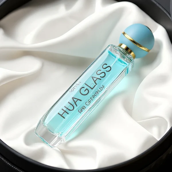 HUA0155 perfume bottle, cylindrical transparent glass body with 30 ml, 50 ml, or 100 ml liquid, spherical plastic cap with diagonal gold stripe, gold top, and gold metallic neck, outer label with printed logo, modern elegant design, ideal for gifting and daily use.