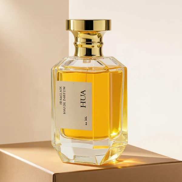 HUA0156 perfume bottle, multifaceted clear glass body with 30 ml, 50 ml, or 100 ml liquid, cylindrical cap with flat top and stepped base in gold, outer label with printed logo, modern elegant design, ideal for gifting and daily use.