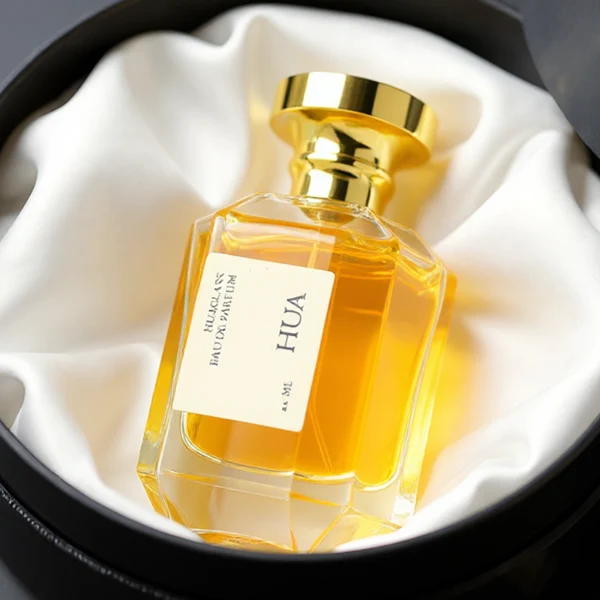 HUA0156 perfume bottle, multifaceted clear glass body with 30 ml, 50 ml, or 100 ml liquid, cylindrical cap with flat top and stepped base in gold, outer label with printed logo, modern elegant design, ideal for gifting and daily use.