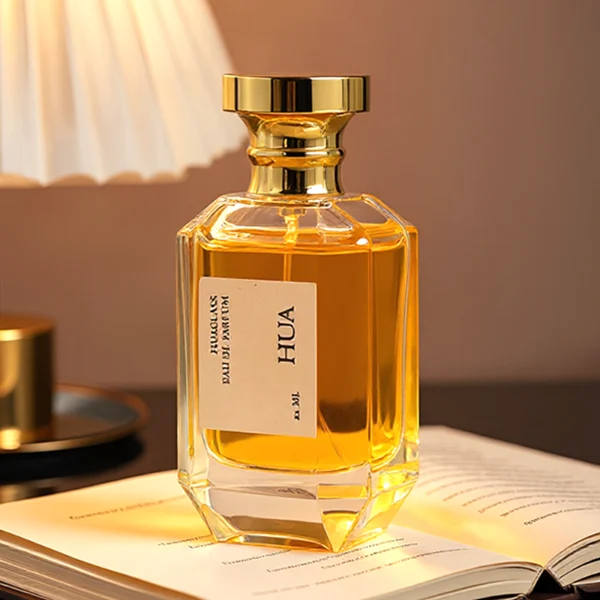 HUA0156 perfume bottle, multifaceted clear glass body with 30 ml, 50 ml, or 100 ml liquid, cylindrical cap with flat top and stepped base in gold, outer label with printed logo, modern elegant design, ideal for gifting and daily use.