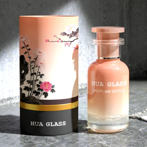 HUA0158 perfume bottle, cylindrical customizable glass body with 30 ml or 50 ml liquid, plug-shaped plastic cap with customizable color, silver ring at neck, private printed logo, modern elegant design, ideal for gifting and daily use.