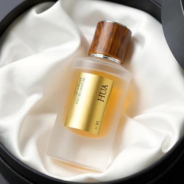 HUA0159 perfume bottle, cylindrical frosted glass body with 30 ml or 50 ml liquid, cylindrical plastic cap with silver rings at both ends, water transfer printed logo, modern elegant design, ideal for gifting and daily use.