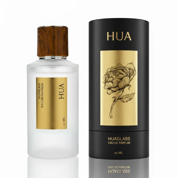 HUA0159 perfume bottle, cylindrical frosted glass body with 30 ml or 50 ml liquid, cylindrical plastic cap with silver rings at both ends, water transfer printed logo, modern elegant design, ideal for gifting and daily use.
