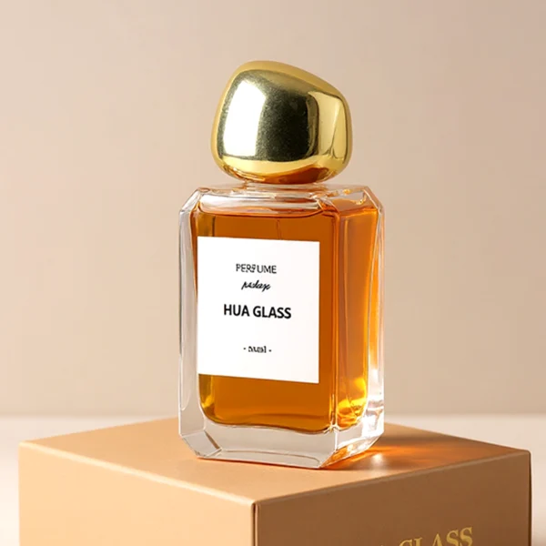 HUA0160 perfume bottle, rectangular clear glass body with 30 ml, 50 ml, or 100 ml liquid, irregular rounded plastic cap, outer label with printed logo, modern elegant design, ideal for gifting and daily use.