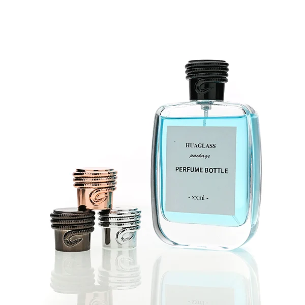 HUA0166 perfume bottle, rectangular transparent glass body with 30 ml, 50 ml, or 100 ml liquid, cylindrical plastic cap with rope-patterned detailing at the top in black or gold, outer label with printed logo, modern elegant design, ideal for gifting and daily use.