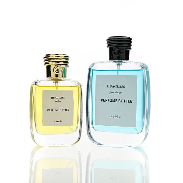 HUA0166 perfume bottle, rectangular transparent glass body with 30 ml, 50 ml, or 100 ml liquid, cylindrical plastic cap with rope-patterned detailing at the top in black or gold, outer label with printed logo, modern elegant design, ideal for gifting and daily use.