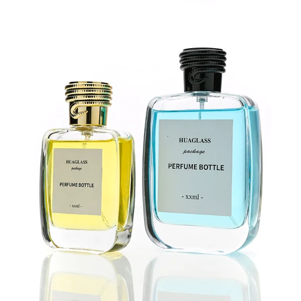 HUA0166 perfume bottle, rectangular transparent glass body with 30 ml, 50 ml, or 100 ml liquid, cylindrical plastic cap with rope-patterned detailing at the top in black or gold, outer label with printed logo, modern elegant design, ideal for gifting and daily use.