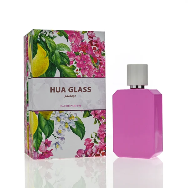 HUA0169 perfume bottle, octagonal solid-color glossy sprayed glass body with customizable color, 30 ml, 50 ml, or 100 ml liquid, cylindrical plastic cap with gold or silver neck ring, smooth glossy spray coating, modern minimalist design, ideal for gifting and daily use.