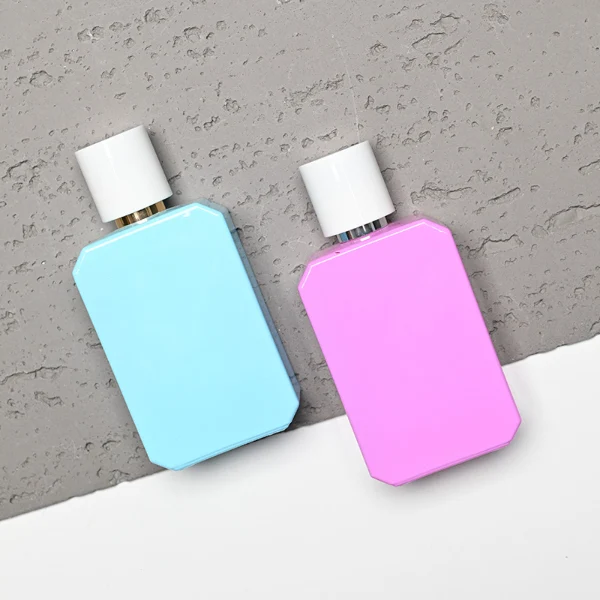 HUA0169 perfume bottle, octagonal solid-color glossy sprayed glass body with customizable color, 30 ml, 50 ml, or 100 ml liquid, cylindrical plastic cap with gold or silver neck ring, smooth glossy spray coating, modern minimalist design, ideal for gifting and daily use.