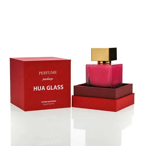 HUA0173 perfume bottle, square inner-printed glass body with customizable colors, 30 ml, 50 ml, or 100 ml liquid, geometric square plastic cap with customizable cap and neck ring colors, printed logo label, modern fashionable design, ideal for gifting and daily use.